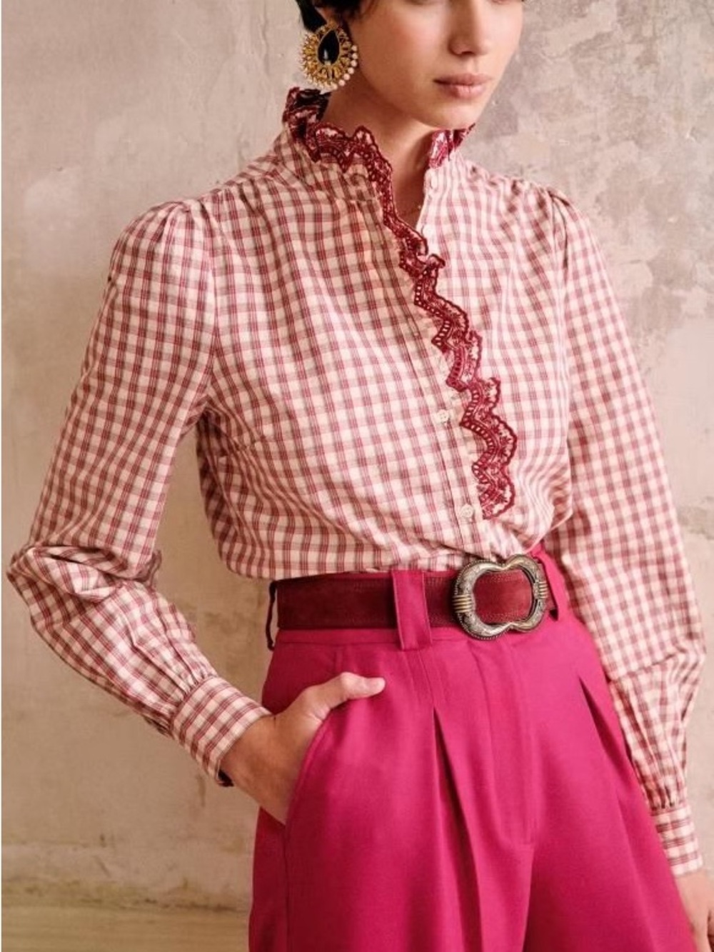 Sezane Chloe Checkered Ruffle-Trim Blouse in Rose size 42